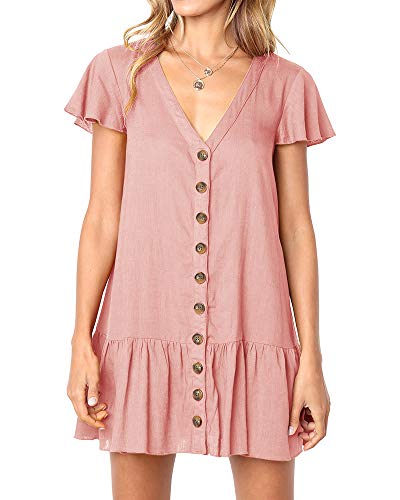 Imysty Womens Summer Polka Dot V Neck Button Down Loose Mini Dress - color: Z1-pink, size: Medium