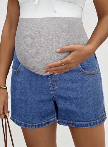 BLENCOT Maternity Jeans Over The Belly Pregnancy Clothes with Pockets - color: Beau Blue, size: Medium