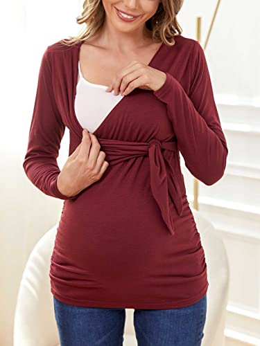 Glampunch Maternity Shirts Short & Long Sleeve Wrap Maternity Tops - color: 01-wine Red, size: Medium