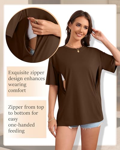 3 Pack Women's Oversize Nursing Tops - color: Cream, Khaki, Dark Brown, size: X-Large
