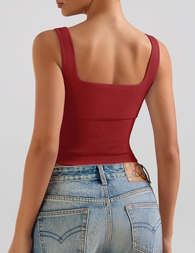 OLCHEE Womens 2 Pack Crop Tank Tops Square Neck Workout Top Padded - color: Black + Red, size: X-Small