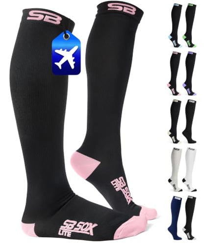 SB SOX Lite Compression Socks for Flying (15–20 mmHg) - color: Black/Pink, size: L/XL
