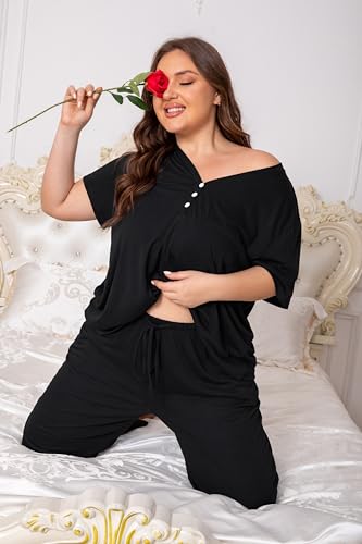 Vozanet Women's Plus Size Pajama Sets V Neck Pants Sets Solid Color Button Sleepwear Soft Loungewear Nighty with Pockets - color: Black, size: 3X-Large
