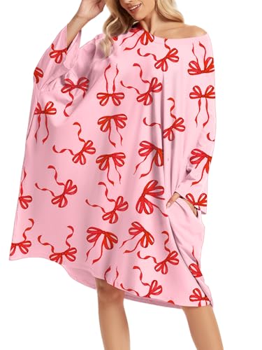 CRIPOM Plus Size Moo Moos for Women Oversized Sleep Shirts with Pockets - color: Pink Bowknot