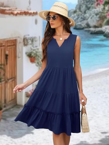 Summer Dresses for Women 2026 Flowy Casual Boho Midi Sun Dress with Pockets - color: Solid-navy, size: Medium