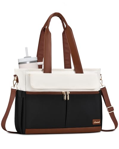 LOVEVOOK Upgrade Version Work Bags for Women 15.6 Inch Laptop Bag Large Capacity Mutiple Pockets Teacher Bag Water Resistant Canvas Tote Bag Purse for Office Travel College Nurse Teacher, Black Brown - color: Black&brown, size: Medium suitable for 15.6 in