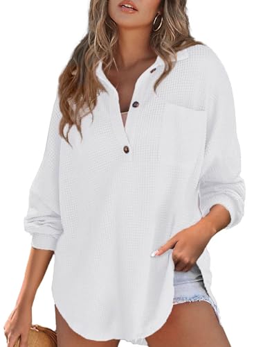 Astylish Women Waffle Knit Tops Henley Shirts - color: White, size: X-Large