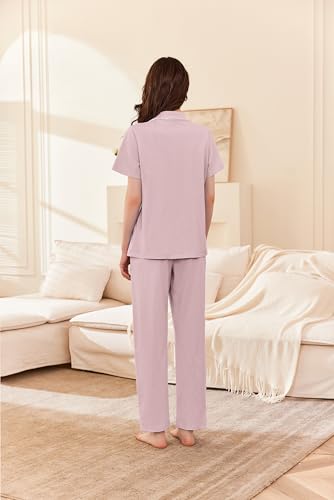 Ekouaer Women's Cotton Pajamas Set Short Sleeve Button Down Pjs with Pants - color: Pink, size: Large