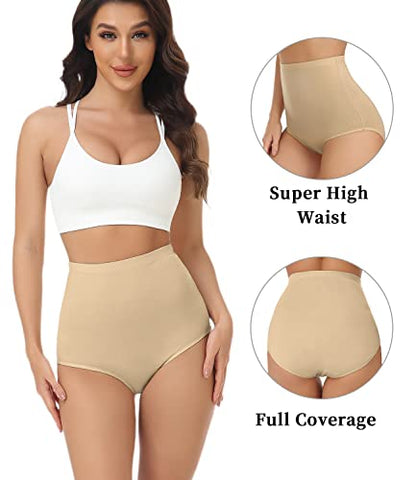 wirarpa Women's Underwear Cotton Super High Waisted Briefs Stretch Full Coverage Panties 4 Pack - color: Beige, size: 6X-Large