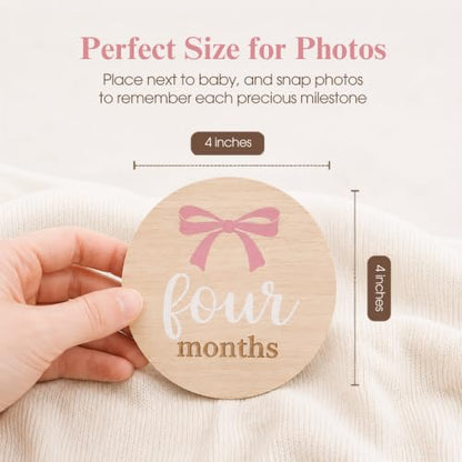 Kate & Milo Wooden Baby Monthly Milestone Discs, Pink Bow Design