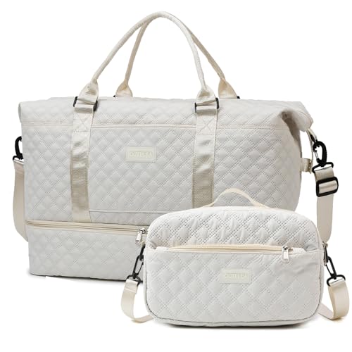 55L Travel Duffle Bag for Women, Large Overnight Weekend Bag, White - color: white