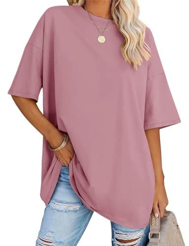 LOMON Oversized T Shirts for Women Short Sleeve Crewneck Summer Tops Loose Casual Mama Shirts Basic Tee - color: Dust Pink, size: X-Large