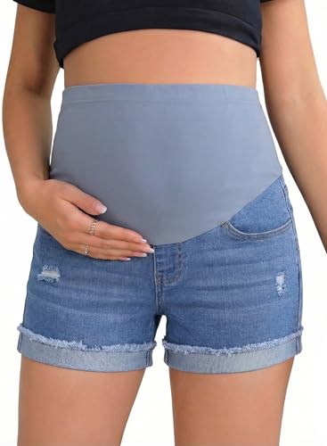 BLENCOT Maternity Jean Shorts Over Belly Stretchy Fold Hem Denim Pants - color: Light Blue, size: Medium