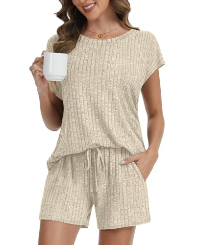Womens Pajamas 2 Piece Lounge Sets Summer Sleepwear Short Pjs - color: Beige, size: Medium