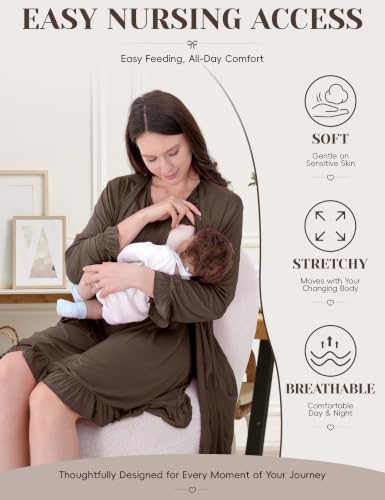 Maternity Nursing Gown & Robe Set, Ruffle Hospital Loungewear - color: Taupe, size: Large