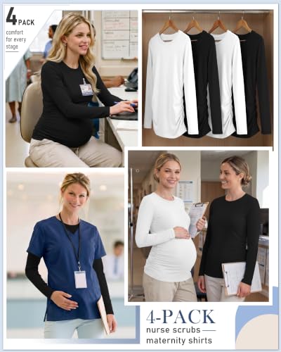 Locoowai 4 Pack Long Sleeve Maternity Underscrub Tops for Nurses - color: Black, White, size: Medium