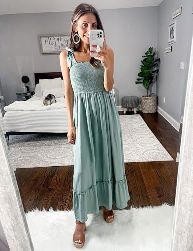 Tobrief Women's Boho Dress Summer Spaghetti Strap Square Neck Flowy Ruffle Beach Long Maxi Dress - color: 05 Green, size: Small