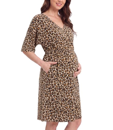 3 in 1 Labor/Delivery/Hospital Gown Bamboo viscose Maternity Dress Nursing Nightgown Sleepwear with Pockets S-XXL - color: Leopard Tan, size: XX-Large