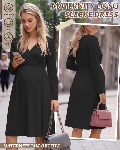 Locoowai Maternity Wrap Long Sleeve Dress V Neck Fall Dress - color: Black, size: Large