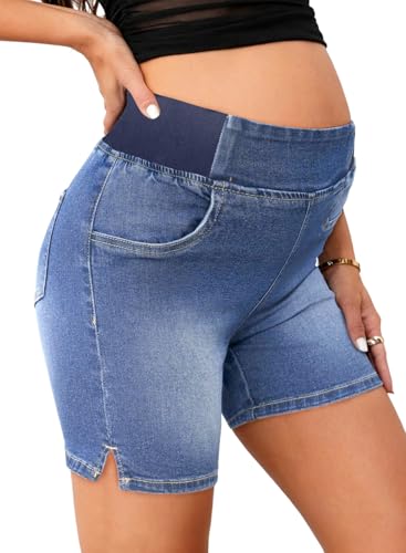 BLENCOT Maternity Jeans Shorts Elastic Waist Stretchy Denim Shorts - color: Bluing, size: Large