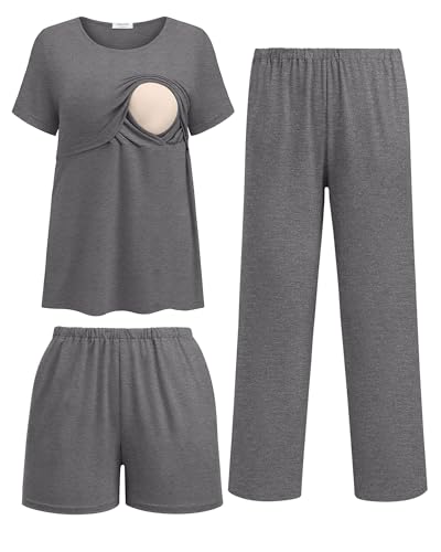 Ekouaer 3 Pack Postpartum Nursing Pajamas Breastfeeding Maternity Clothes - color: Dark Gray, size: Large