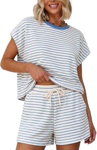 Sweetmoon Shorts Sets Women 2 Piece Outfits Matching Sets - color: Blue Striped, size: XX-Large