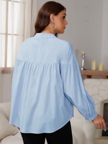 Womens Maternity Button Down Work Shirts Nursing Blouses Business Pleated Lantern Sleeve Pregnancy Office Tops - color: Blue, size: XX-Large