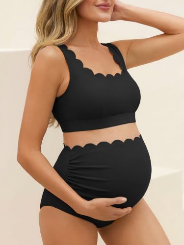 Scalloped Maternity Bikini Swimsuit Two Piece Bow Tie Swimwear - color: Black, size: 4