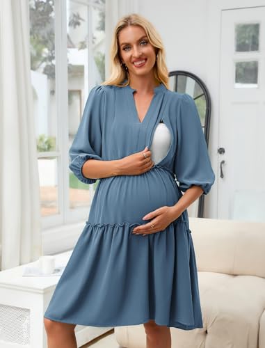 Angashion Women's Maternity Nursing Dress: V-Neck Hidden Zipper Pockets - color: Gray Blue, size: Small