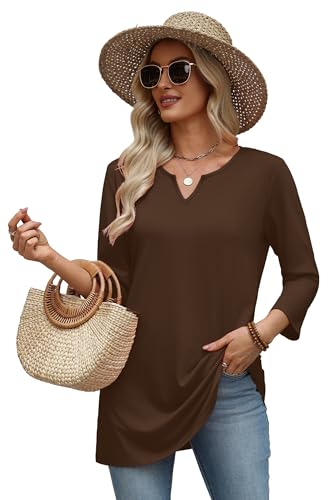 OFEEFAN Summer Boho Tops For Women 3/4 Length Sleeve Womens Tops Vacation Outfits - color: Coffee, size: Small