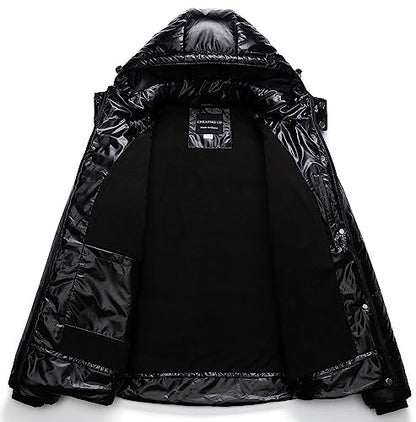 CREATMO US Women's Plus Size Warm Puffer Jacket Waterproof Fleece Lined Winter Coat with Removable Hood - color: Shiny Black, size: 4X