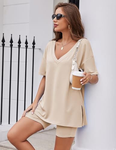 Ekouaer Womens 2 Piece Lounge Set Oversized V Neck Top Biker Short Pajamas - color: Champagne, size: XX-Large