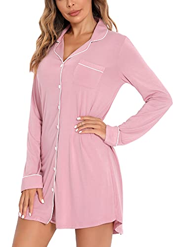 Samring Nightgowns for Women Long Sleeve Button Down Night Gown Sleepshirts - color: Bean Paste, size: Small