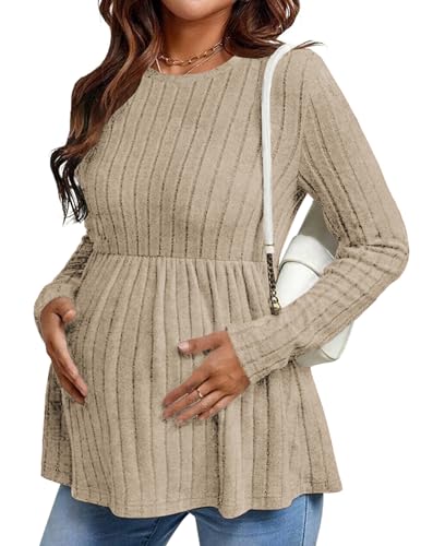 Maternity Shirts Dressy Long Sleeve Pregnancy Fall Tops Work Blouses - color: Mocha Brown, size: Large
