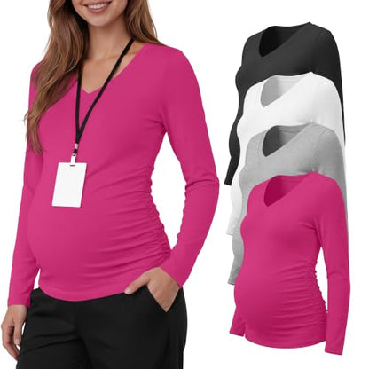 Neer 4 Pack Maternity Long Sleeve V Neck Under Scrub Tops - color: Black, White, Light Heather Gray, Rose Red, size: Medium