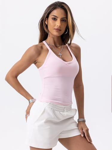 Danysu V Neck Racer Back Tank Tops for Women Padded Fitted Long Basic Cami - color: Blossom Pink, size: Medium