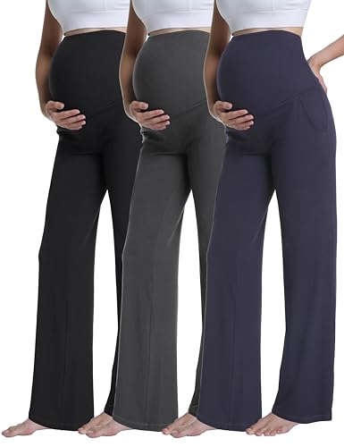 3 Pack Women's Maternity Pants Wide Leg - color: 3 Pack Black/Dark Grey/Navy Blue, size: X-Large