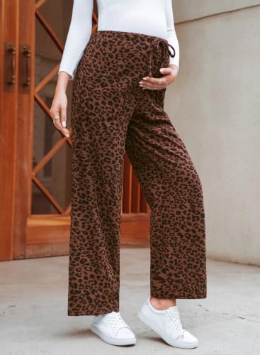 BLENCOT Maternity Pants Leopard Wide Leg Drawstring Pregnancy Trousers - color: Brown, size: Small