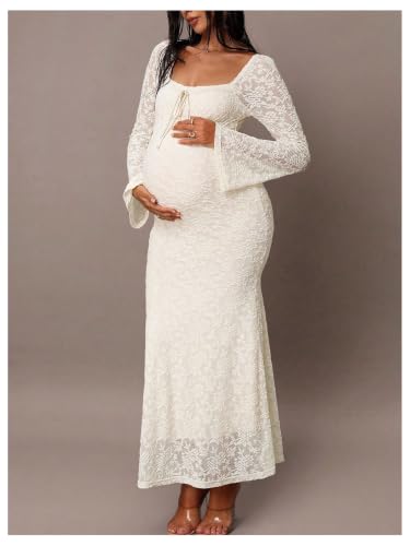 SweatyRocks Women's Maternity Lace Baby Shower Swiss Dots Maxi Dresses - color: Apricot, size: Medium
