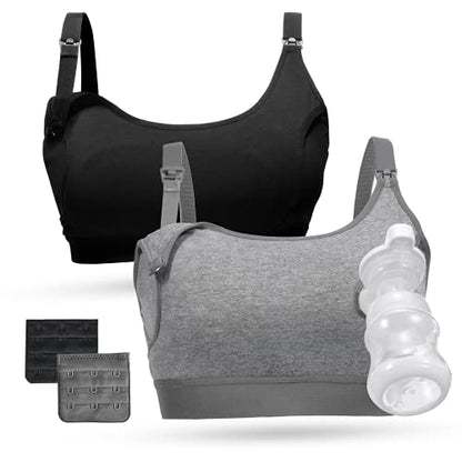 Momcozy Pumping Bra Hands Free, Cotton Pumping & Nursing Bra in One - color: Black,grey-2pk, size: X-Large
