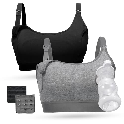 Momcozy Pumping Bra Hands Free, Cotton Pumping & Nursing Bra in One - color: Black,grey-2pk, size: Medium