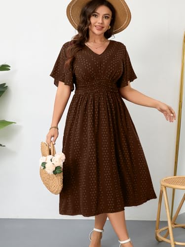 RWJ Women's Plus Size Maxi Dress V Neck Short Sleeve Swiss Dot Swing Summer - color: Chocolate Brown, size: Large Plus