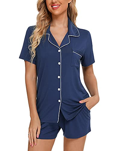 Senert Womens Pajamas Set Short Sleeve Sleepwear - color: A. Cyan Blue, size: Medium
