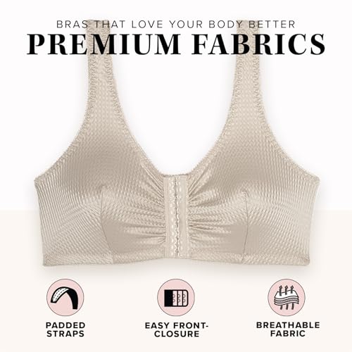 Leading Lady, Marlene, Front-Closure Bra for Women, Wireless, Full Coverage, Wide Straps, Breathable, Unlined, Silky, 36B-52G - color: Beige, size: 48DD/G