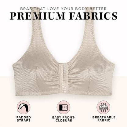 Leading Lady, Marlene, Front-Closure Bra for Women, Wireless, Full Coverage, Wide Straps, Breathable, Unlined, Silky, 36B-52G - color: Beige, size: 50DD/G