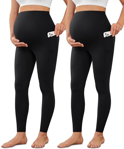 VALANDY Creamlush 2/4 Pack Maternity Leggings with Pockets Over the Belly - color: Black/Black, size: Large