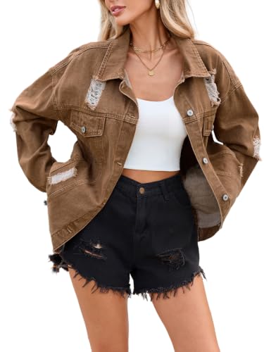 LifeShe Women's oversized Jean Jacket distressed denim Coat with Pockets - color: Khaki, size: Small