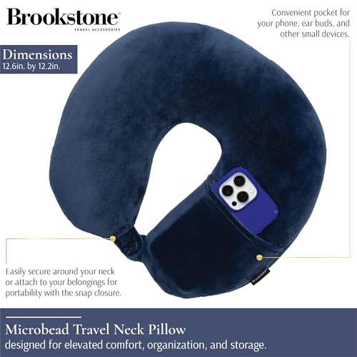 Brookstone Microbead Neck Pillow Soft Travel Pillow with Phone Pocket - color: Blue