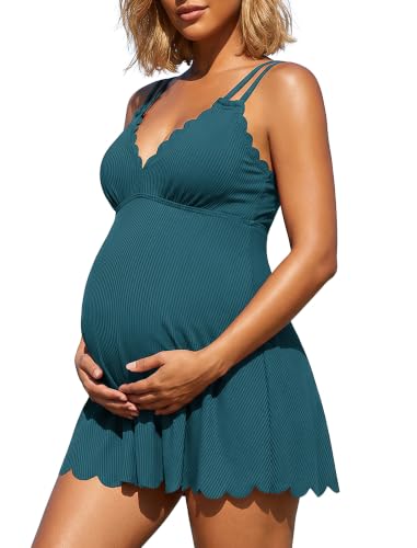 Charmo One Piece Maternity Swimsuit Swim Dress Pregnancy Bathing Suit - color: Lake Blue, size: Medium
