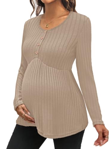 Genhoo Womens Maternity Tops Long Sleeve Maternity Shirts Henley Clothes - color: Khaki, size: Medium